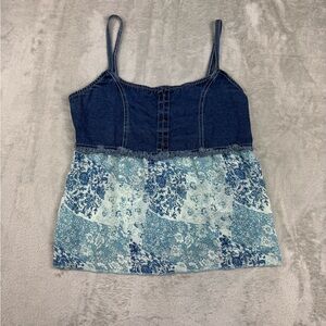 Vintage Y2K Zoey Beth Denim Tank Top Lace Up Detail Semi Sheer Floral Women’s XL